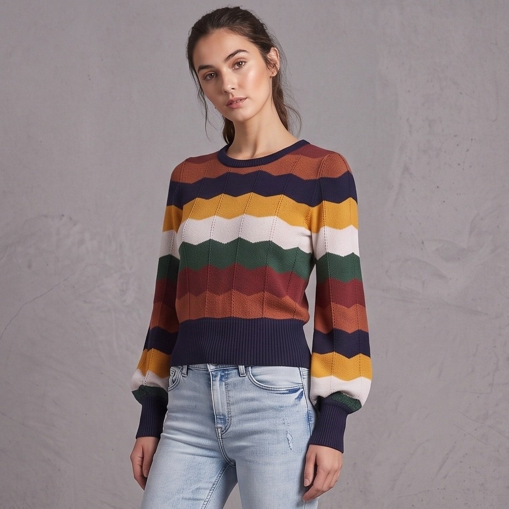 Forever 21 Women Small Multicolor Sweater Chevron Striped Balloon Sleeve Retro